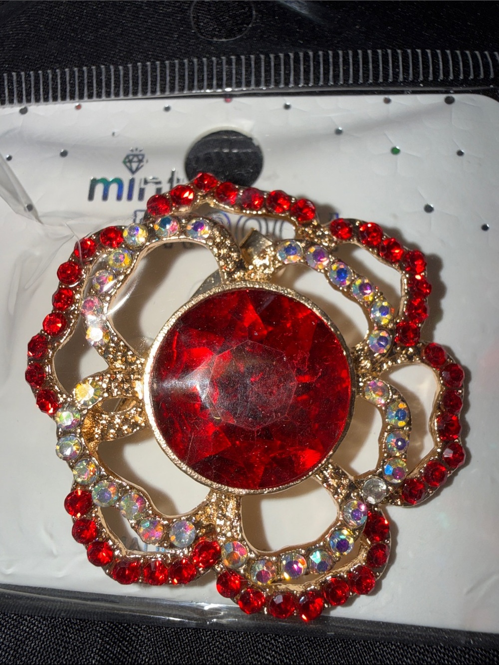 Gold Tone Red Crystal Floral Brooch - Misti